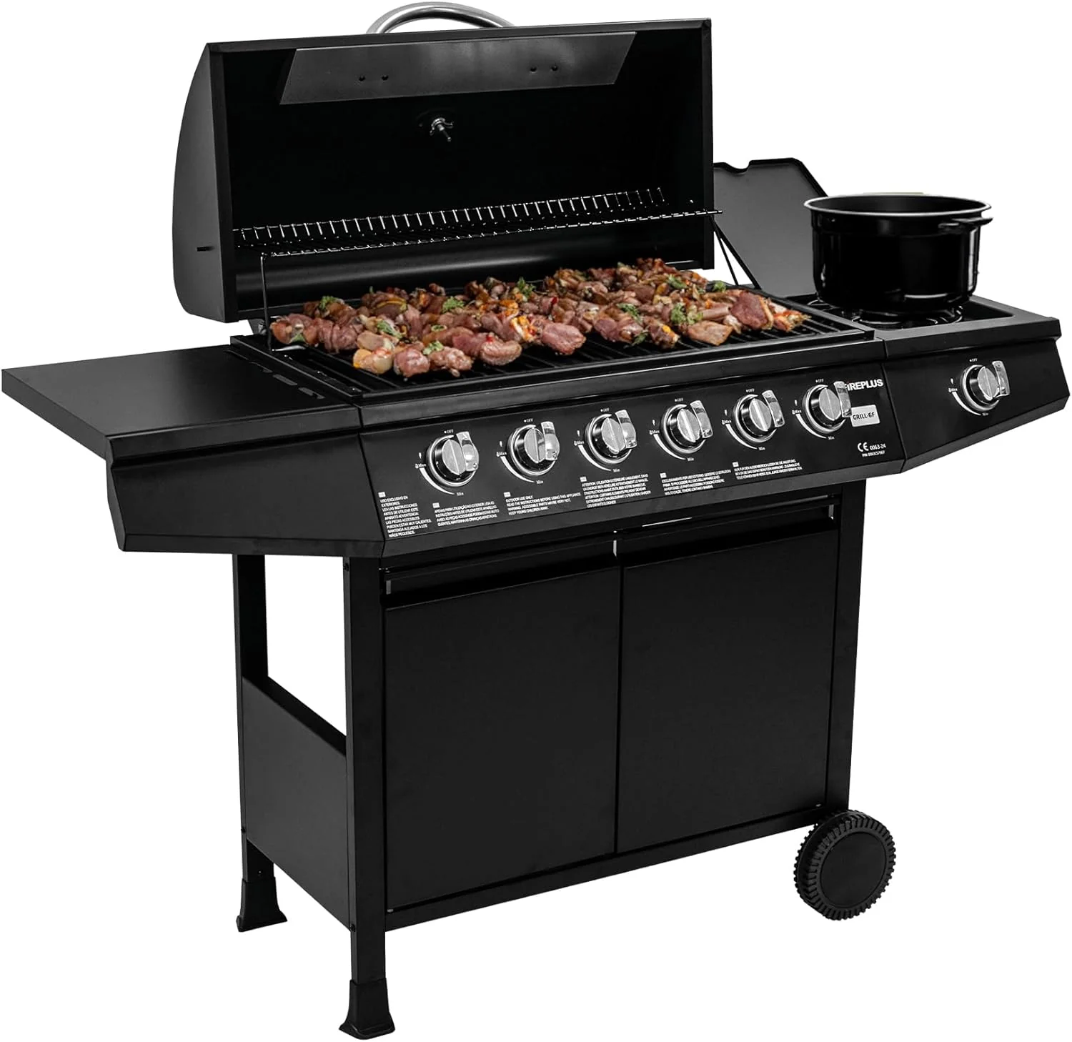Amig - Fireplus 3+1 8.4 kW gas barbecue - Black stainless steel - Grill with wheels Model GRILL-3F - XXL barbecue with trolley and thermometer - 117x52x103cm - 4 burners and side tray