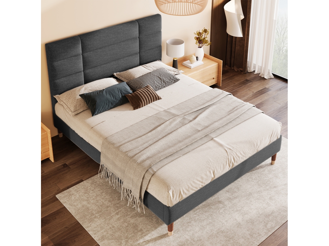 Cama Estofada, Cama De Casal, Estrutura De Cama Estofada 140x200cm Com Cabeceira, Em Linho Cinza Escuro, Colchão Não Incluído
